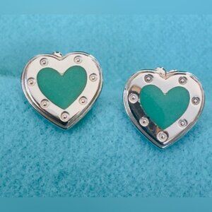 Tiffany & Co Sterling Silver Blue Enamel Love Heart Stud Earrings